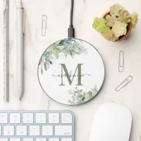 Elegant Eucalyptus Botanical Floral Monogram Wireless Charger