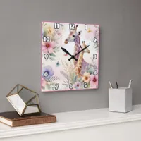 Giraffes among vibrant African flowers Square Wall Clock