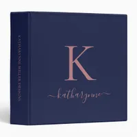 Navy Blue Rose Gold Luxury Monogram 3 Ring Binder