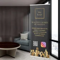 Black gold city skyline business logo Qr code Retractable Banner