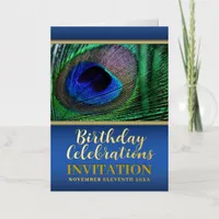 Blue Green Peacock Feather Special Event Birthday  Foil Holiday Card