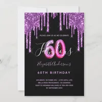 60 & Fabulous glitter dripping black purple glam Invitation