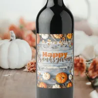  Fall Pumpkins Leaves Wood Rustic Thanksgiving Wine Label