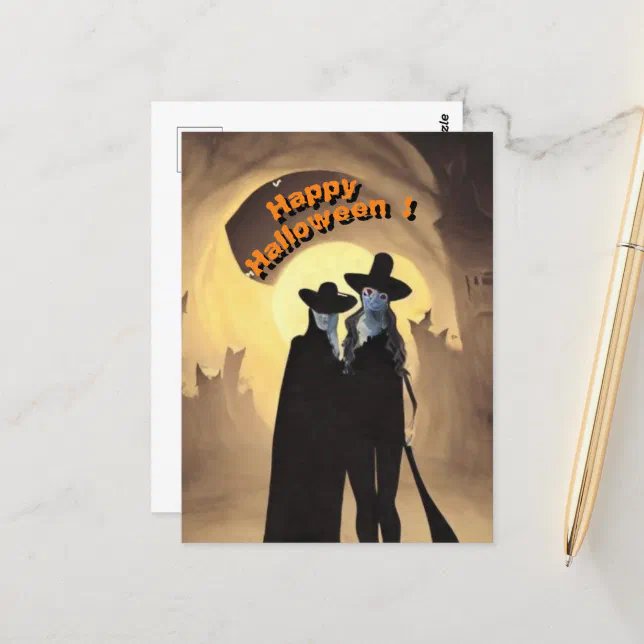 Halloween monsters in town postcard