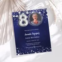 80th birthday navy blue silver photo invitation