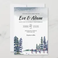 Snowy Pine Fence Rustic Watercolor Winter Wedding Invitation