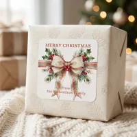Vintage Watercolor Christmas Bow Family Holiday Square Sticker