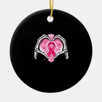 Breast Cancer Skeleton Hand Heart Sign Ribbon Awar Ceramic Ornament