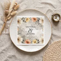 Smoky Gray Watercolor Peach Floral Boho Wedding Napkins