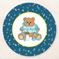 Cartoon blue and yellow Teddy Bear Baby Shower  Round Paper Coaster