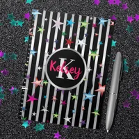 Shiny Stars On Black and Silver Stripes with Name Notebook
