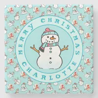 Cute Christmas Snowman Aqua Name Marble Stone Coaster