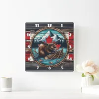 Canadian Beaver Building a Dam by Mountain Lake Square Wall Clock