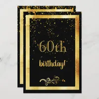 60th birthday party gold frame black invitation