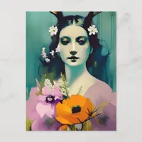 Pagan Woman Painting Pink Orange Flowers Postcard