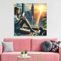 Woman Drinking Coffee at Sunrise in the City Canvas Print