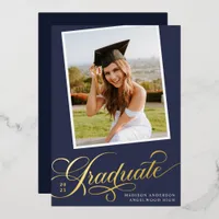 Navy Blue and Gold Foil Graduation Announcement