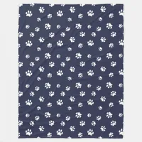 White Paw Prints Pattern Navy Blue Fleece Blanket