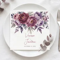 Dark Plum Burgundy Watercolor Floral Wedding Napkins