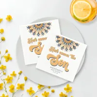 Boho Blue Sunflower Retro Typography Baby Shower Napkins