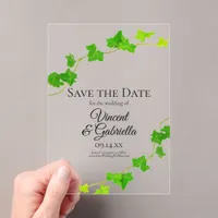 Green English Ivy Vine Wedding Save the Date Acrylic Invitations