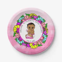 Girl's Baby Shower, Ethnic Baby with Teddy Bear Paper Plates