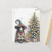 Cute Witch and a Yule Tree Postcard