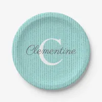 Turquoise Teal Glitter Stripes Girly Monogram Paper Plates