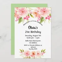 21st birthday coral dahlia flowers green invitation