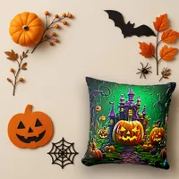 Vibrant Green Halloween Castle Pumpkin Art Throw Pillow