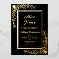 Floral Vine Corner Elegant Black Gold Foil Wedding Invitation