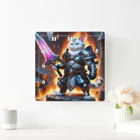 Warrior Cat in Armor With Glowing Sword Square Wall Clock