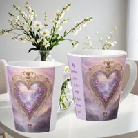 Victorian golden heart with lilac flowers, vintage latte mug