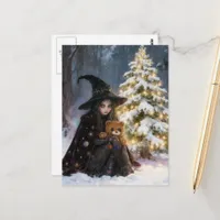 Witch and Teddy Bear With Christmas Tree in Forest Postcard