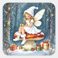 Adorable Little Christmas Fairy on Mushroom Square Sticker