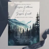 Watercolor Pine Tree Mountain Calligraphy Wedding Vellum Invitations