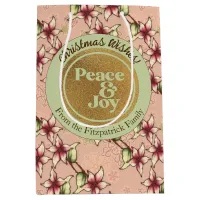 Peace & Joy, Pink Green Gold Family Name Christmas Medium Gift Bag