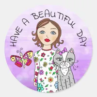 Have a Beautiful Day Whimsical Folk Art Girl Classic Round Sticker