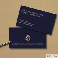 Modern Minimalist Navy Blue Gold Logo Business Card