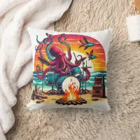 Octopus Playing Drums by the Beach at Sunset Throw Pillow