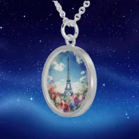 Eiffel Tower Paris Floral Watercolor | Sterling Silver Necklace