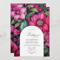 Fuchsia, Emerald Green and Black Floral Wedding Invitation