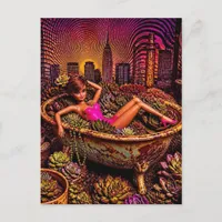 Doll in a Bathtub of Plants Fun Garden Art Postcard