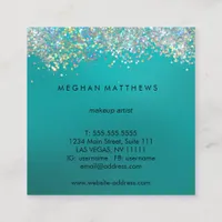 Teal Blue Silver Sparkle Beauty Stylist  Square Business Card