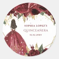 Burgundy Gold Floral Princess Quinceanera   Classic Round Sticker