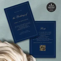 Elegant Calligraphy Champagne Gold Navy Wedding Invitation