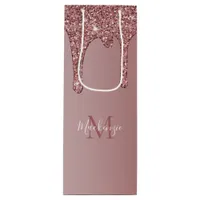 Luxury Rose Gold Sparkle Glitter Drips Monogram Wine Gift Bag