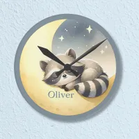 Custom Name Raccoon on the Moon Cute Kids Nursery  Round Clock