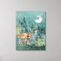 Doe and Fawn Deer Forest Full Moon Snowfall Canvas Print