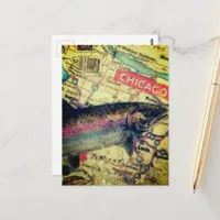 Chicago Fish Map Mixed Media Collage Postcard
